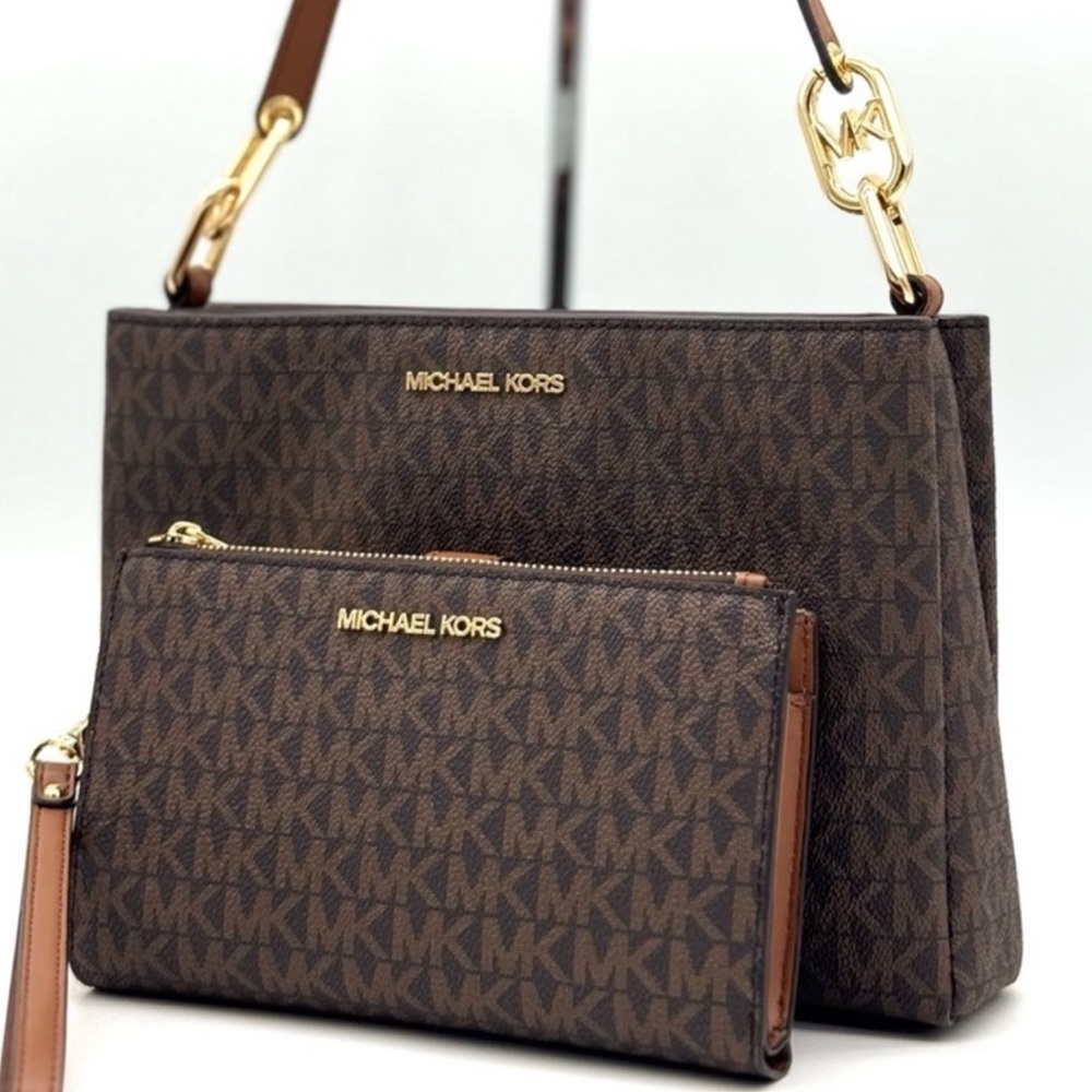 Michael Kors Trisha MD Triple Compartment Bag & Double Zip Wallet Set Brown